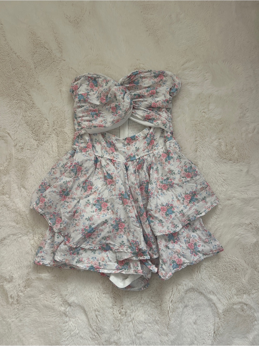 Altar’d State Floral Ruffled Strapless Romper - Pink & Blue on White